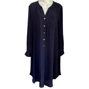 CHICOS SIZE 1 8/10 SEMI-SHEER NAVY BLUE OPEN SIDED TUNIC BLOUSE